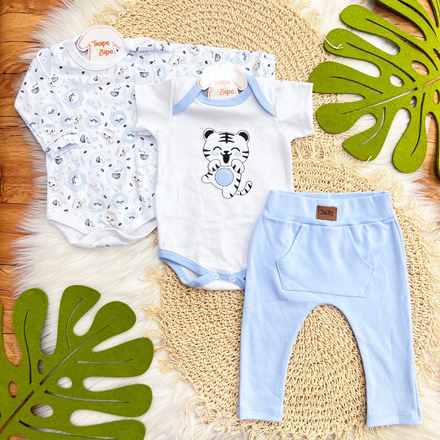  CONJ. DE MALHA 3 PEÇAS - Tigrinho e Safari - Azul Bebê e Off White